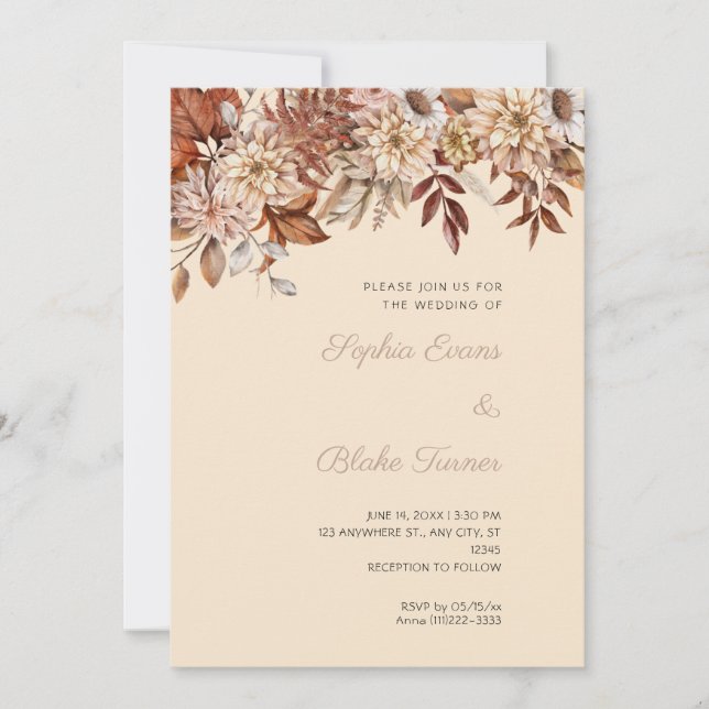 Invitation Boho Brown Floral Winter Champagne Mariage (Devant)