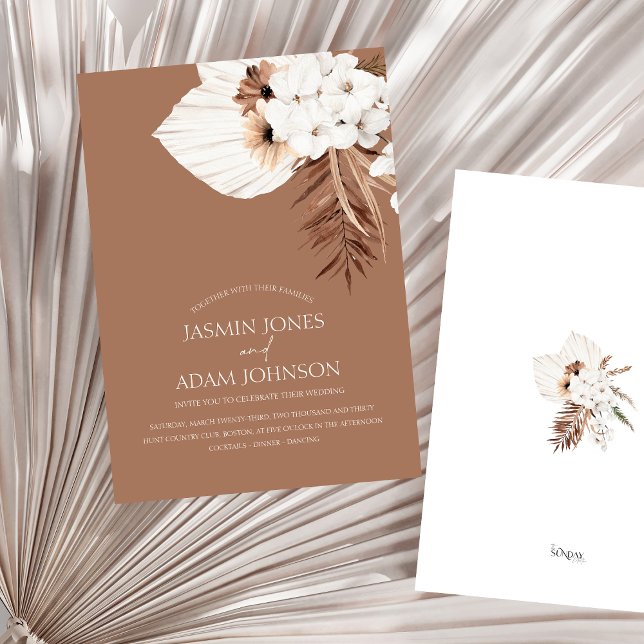 Invitation Boho Brown Pampas Mariage d'orchidée en herbe (Boho Terracotta Brown Pampas Grass Floral Wedding Invitation)