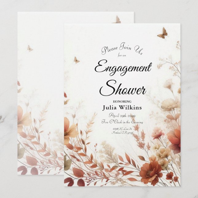 Invitation Boho Browns avec papillons Shower de fiançailles (Devant / Derrière)