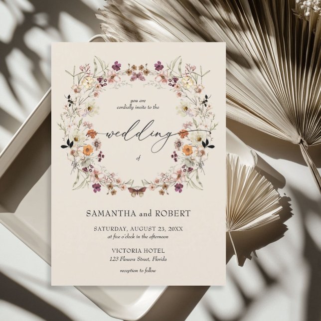 Invitation Boho brûlé orange cuivre fleurs sauvages couronne (Boho burnt orange copper wildflowers wreath invitation)