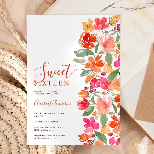 Invitation Boho brûlé terre orange tonalité florale chic doux (Boho burnt orange earth tone floral chic sweet 16 invitation)