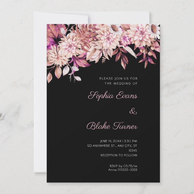 Invitation Boho Brun et Rose Floral Hiver Mariage Noir (Devant)