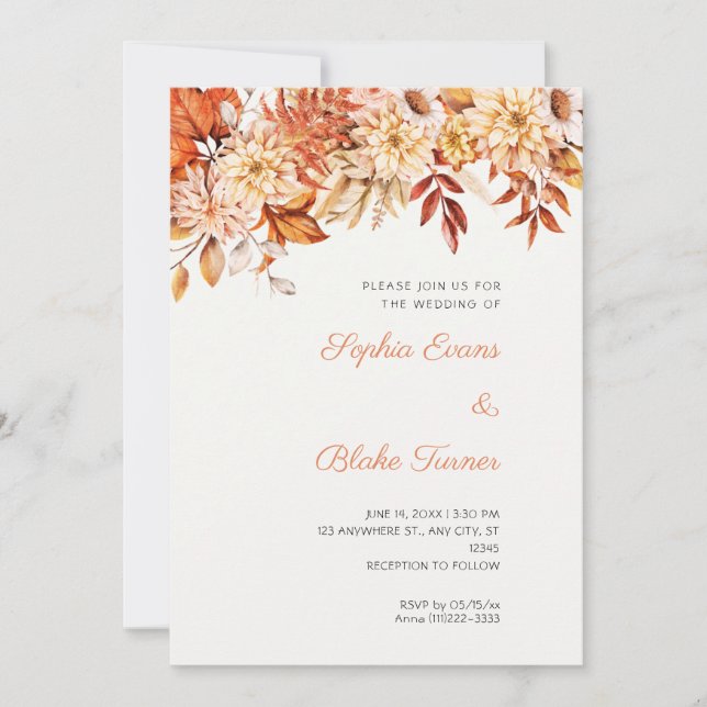 Invitation Boho Brun Fleurs Roses Mariage Hiver Blanc Cassé (Devant)