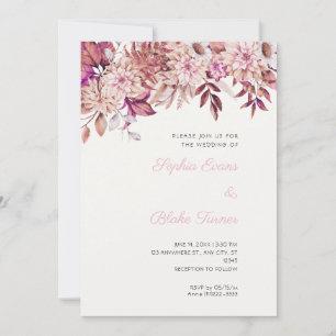 Invitation Boho Brun Rose Floral Hiver Blanc Mariage
