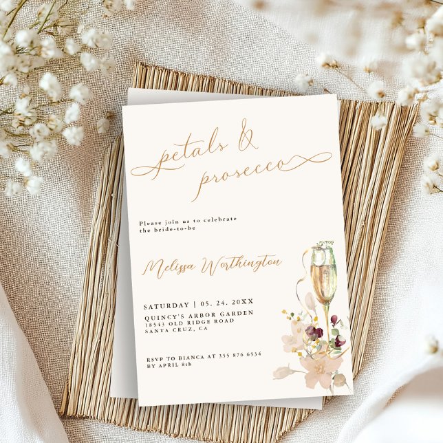 Invitation Boho Bulles Pétales & Prosecco Écriture Mariage Fê (Créateur téléchargé)