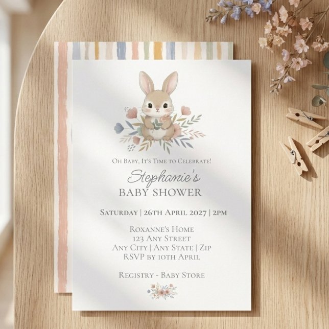 Invitation Boho Bunny Watercolor Stripe Baby Shower (Boho bunny baby shower invitation)