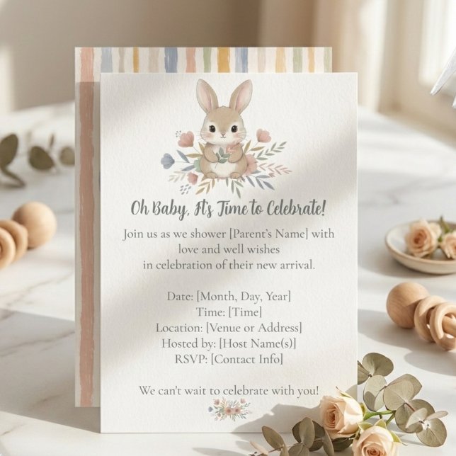 Invitation Boho Bunny Watercolor Stripe Baby Shower (Boho bunny baby shower invitation)