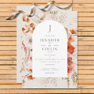 Invitation Boho Burange Chute Florale Arche Monogramme Beige