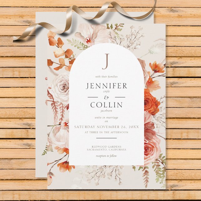 Invitation Boho Burange Chute Florale Arche Monogramme Beige (Créateur téléchargé)