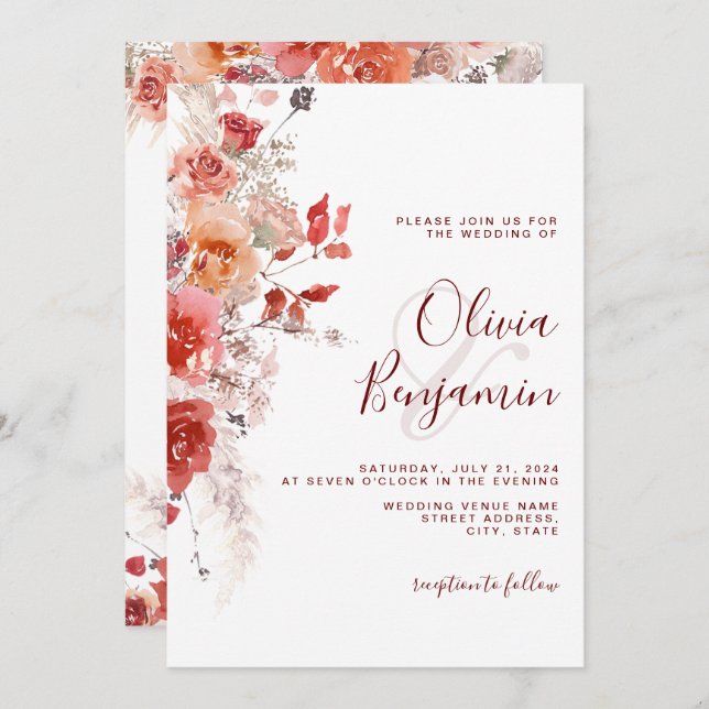 Invitation Boho Burange rouille Rouge Floral Pampas Mariage (Devant / Derrière)