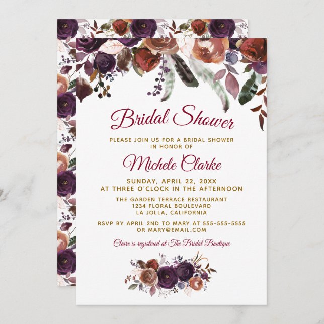 Invitation Boho Burgundy Aquarelle Fête des mariées florale (Devant / Derrière)