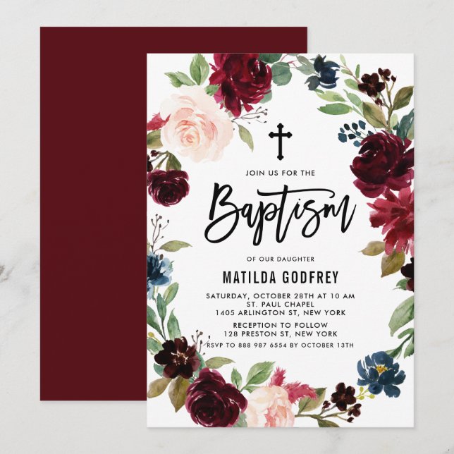 Invitation Boho Burgundy Aquarelle Florale Wreath Baptême (Devant / Derrière)
