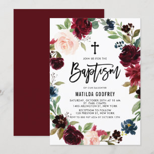 Invitation Boho Burgundy Aquarelle Florale Wreath Baptême