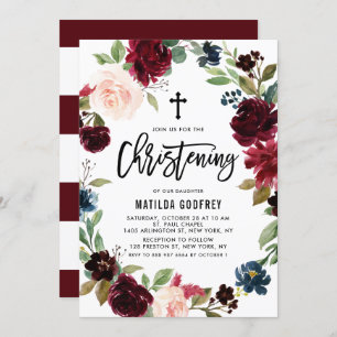 Invitation Boho Burgundy Aquarelle Florale Wreath Christening