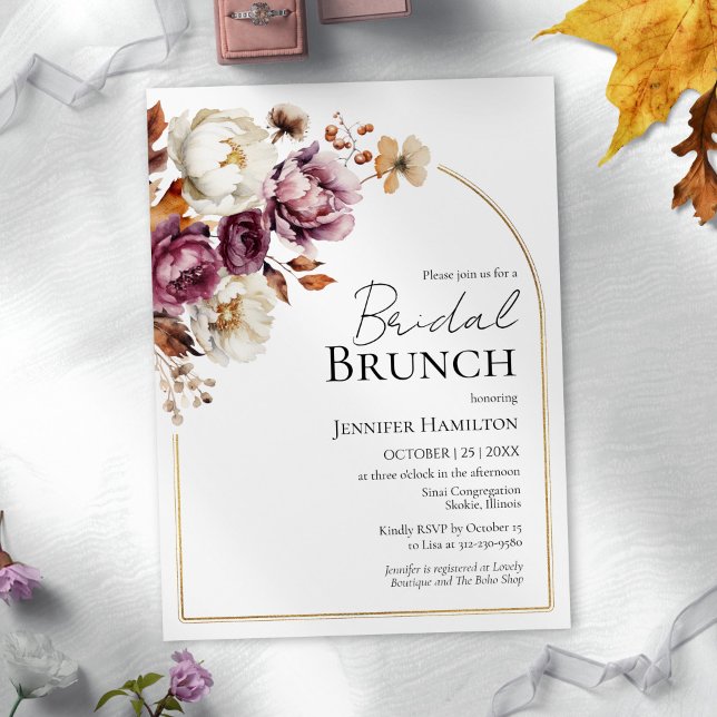 Invitation Boho Burgundy Arc Floral Or Automne Bridal Brunch (Créateur téléchargé)