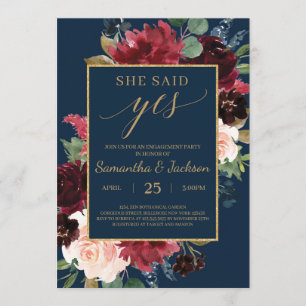Invitation Boho burgundy bleu marine fiançailles floral
