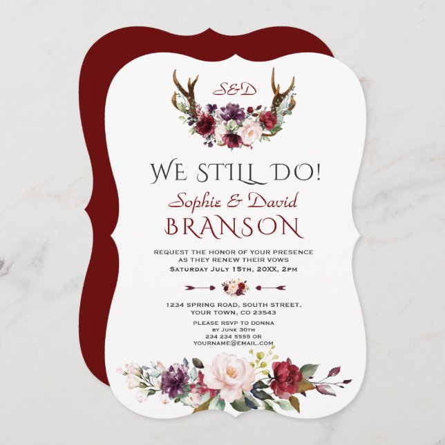 Invitation Boho Burgundy Blush Floral Antlers NOUS LE FAISONS (Devant / Derrière)