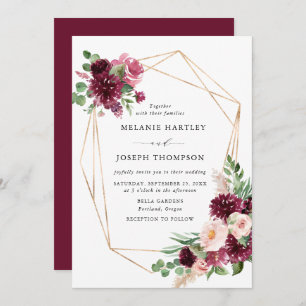Invitation Boho Burgundy & Blush Floral Gold Frame Mariage