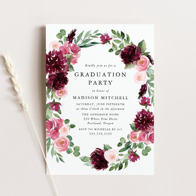 Invitation Boho Burgundy & Blush Floral Graduation Party (Créateur téléchargé)