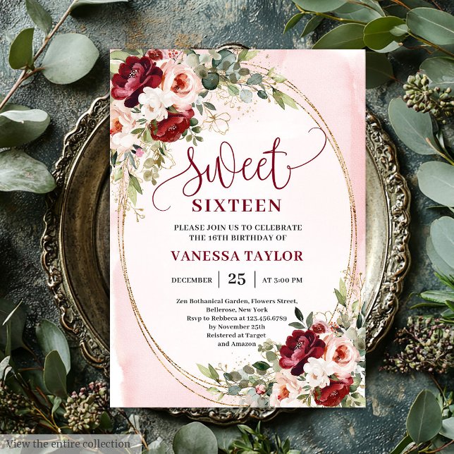 Invitation Boho Burgundy Blush Floral Sweet Sixteen Party (Boho Burgundy Blush Floral Sweet Sixteen Party Invitation)