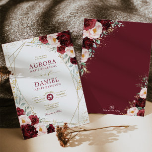 Invitation Boho Burgundy Blush Gold Flowers Mariage géométriq