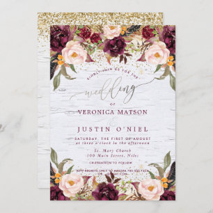 Invitation Boho Burgundy+Blush Watercolor Flowers