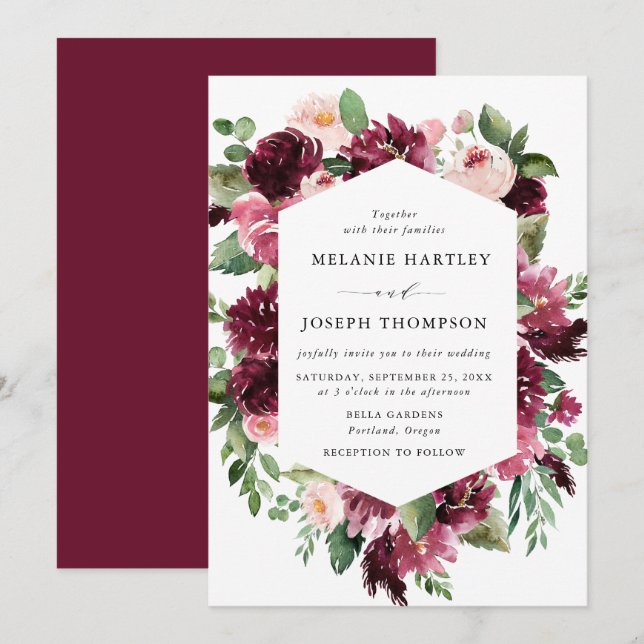 Invitation Boho Burgundy & Blush Watercolor Mariage Floral (Devant / Derrière)