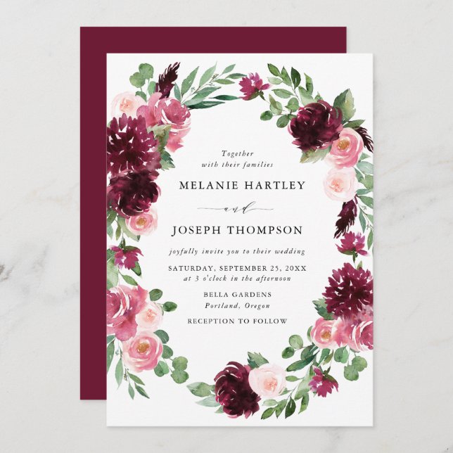 Invitation Boho Burgundy & Blush Watercolor Mariage Floral (Devant / Derrière)
