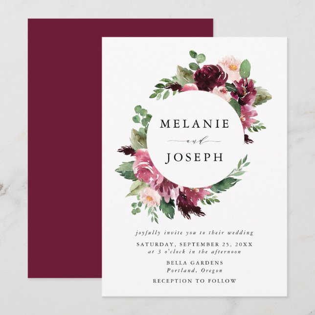 Invitation Boho Burgundy & Blush Watercolor Mariage Floral (Devant / Derrière)
