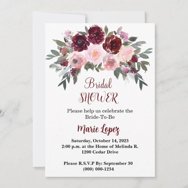 Invitation Boho Burgundy et Blush Fête des mariées florale (Devant)