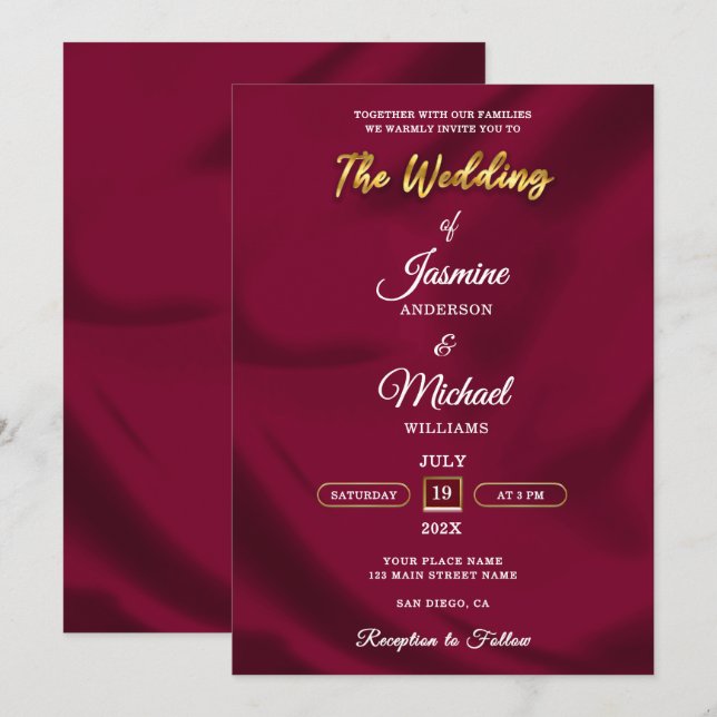 Invitation Boho Burgundy et Gold Foil Script Mariage simple (Devant / Derrière)