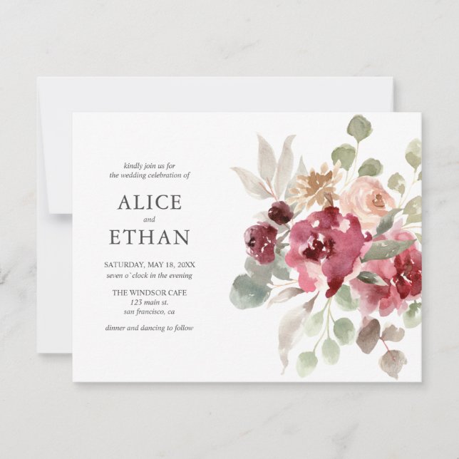Invitation Boho Burgundy Fleurs Eucalyptus Mariage (Devant)