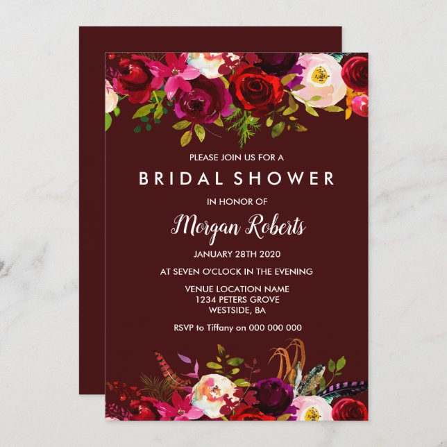 Invitation Boho Burgundy Floral Bridal (Devant / Derrière)
