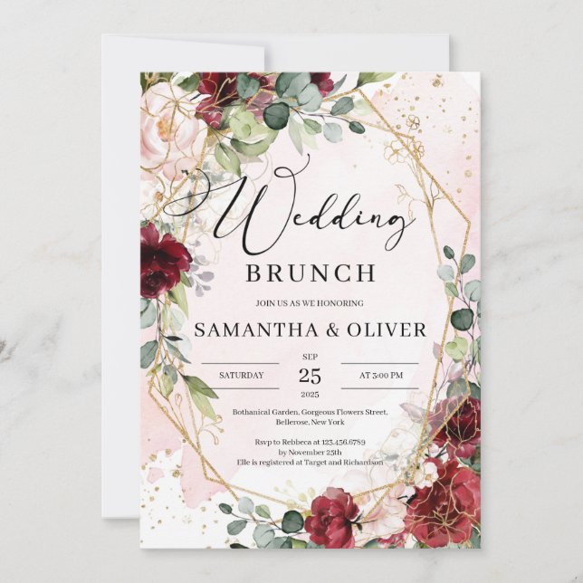 Invitation Boho burgundy floral or géométrique mariage brunch (Devant)