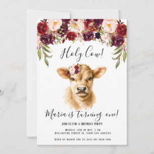 Invitation Boho Burgundy Floral Peony Highland Cow Anniversai