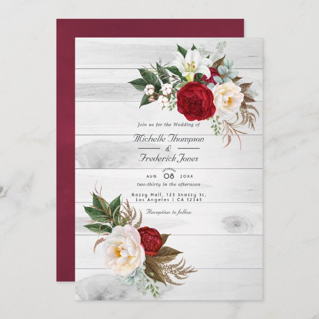 Invitation Boho Burgundy Floral QR Code RSVP Mariage Bohème (Devant / Derrière)