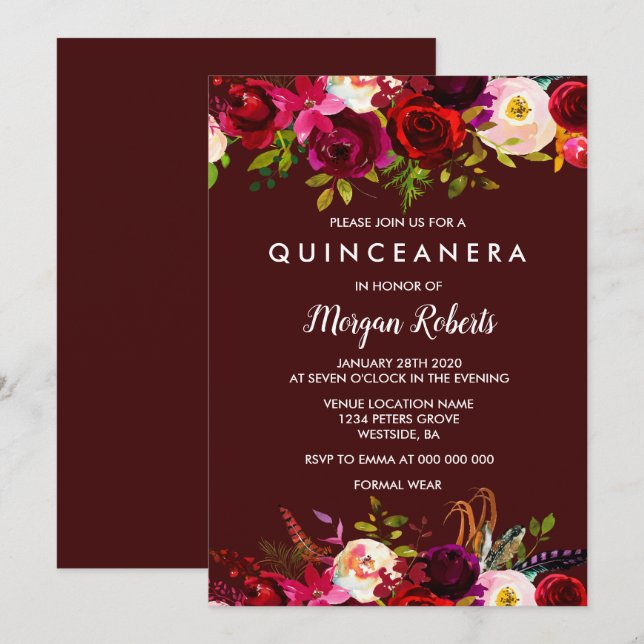Invitation Boho Burgundy Floral Quinceanera 15e anniversaire (Devant / Derrière)
