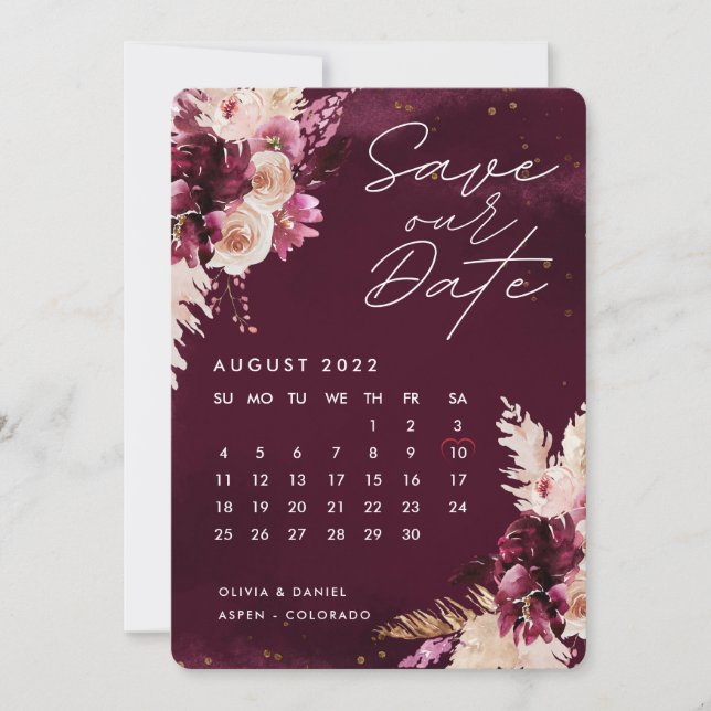 Invitation Boho Burgundy Flowers Calendrier Enregistrer La Da (Devant)