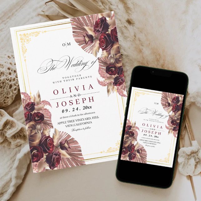 Invitation Boho Burgundy Gold Rose Floral Rustic Mariage (Créateur téléchargé)