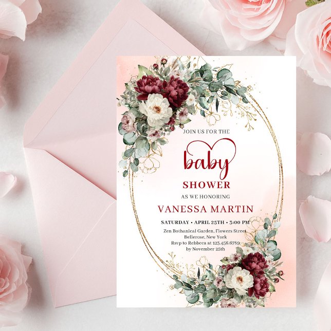 Invitation Boho Burgundy Greenery Gold Baby Shower Invite (Boho Burgundy Greenery Gold Baby Shower Invite)