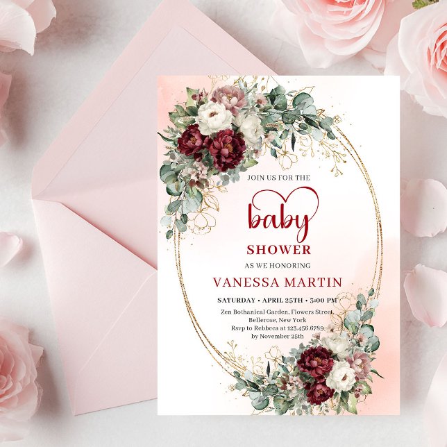 Invitation Boho Burgundy Greenery Heart-Shaped Font Baby Show (Boho Burgundy Greenery Heart-Shaped Font Baby Shower Invite)