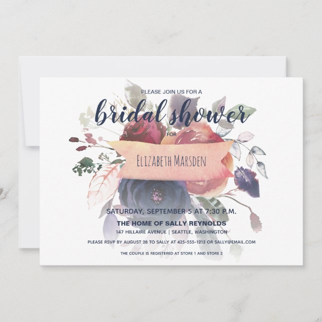 Invitation Boho Burgundy Marine Rose Gold Floral Fête des mar (Devant)