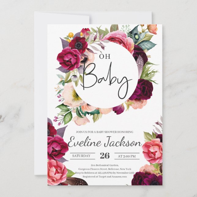 Invitation Boho Burgundy Maroon Florals Baby shower Invitatio (Devant)