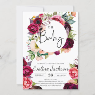 Invitation Boho Burgundy Maroon Florals Baby shower Invitatio