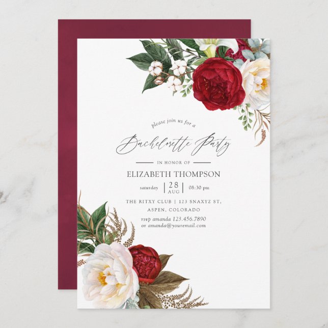 Invitation Boho Burgundy - Marsala Floral Bachelorette Party (Devant / Derrière)