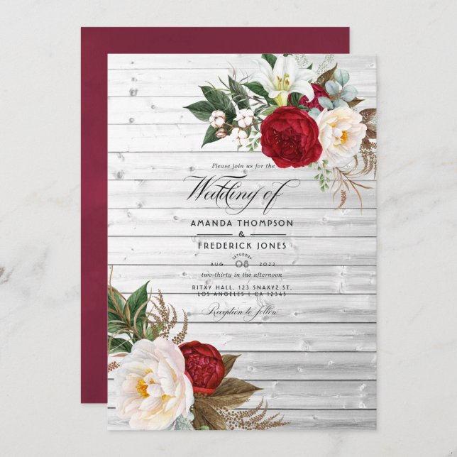 Invitation Boho Burgundy - Marsala Floral Bohemian Mariage (Devant / Derrière)