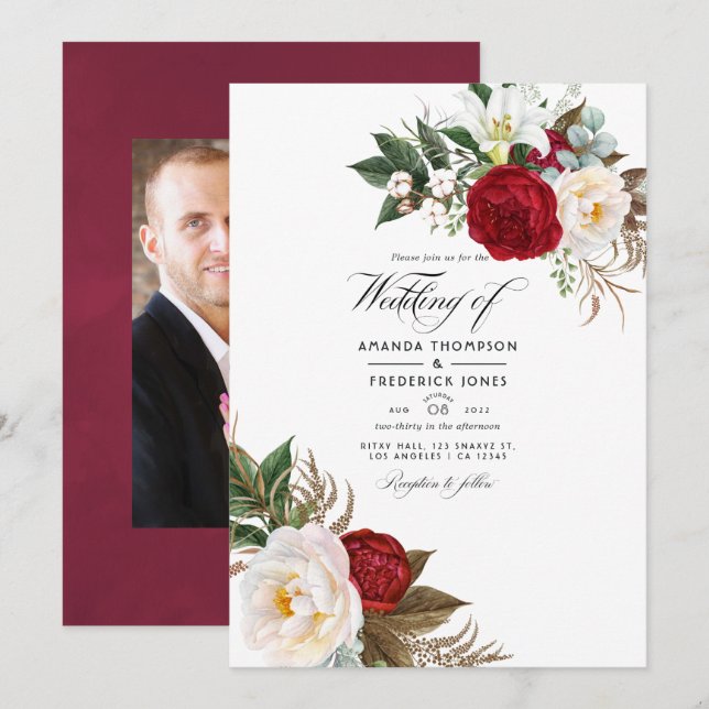 Invitation Boho Burgundy - Marsala Floral Mariage Photo (Devant / Derrière)