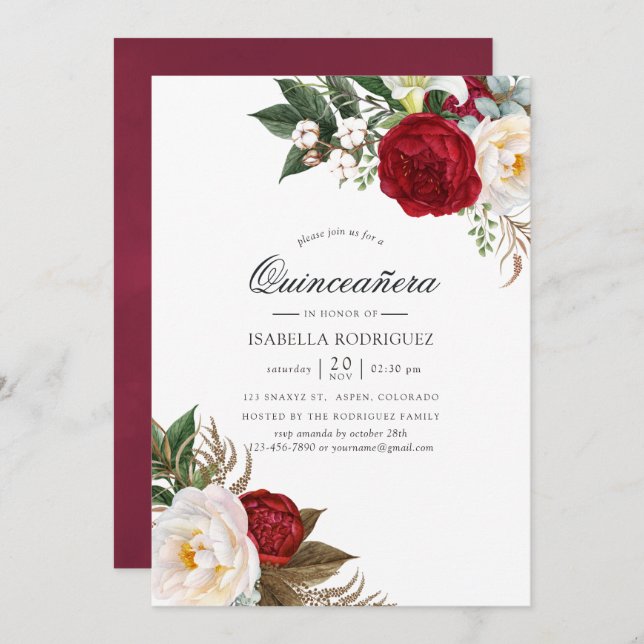Invitation Boho Burgundy - Marsala Floral Quinceañera (Devant / Derrière)