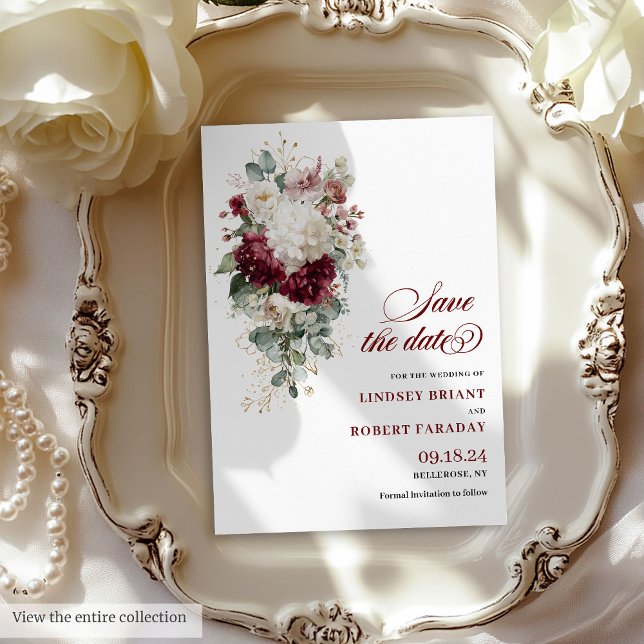Invitation Boho burgundy or roses enregistrer la date mariage (Boho Burgundy White Floral Save The Date Card)