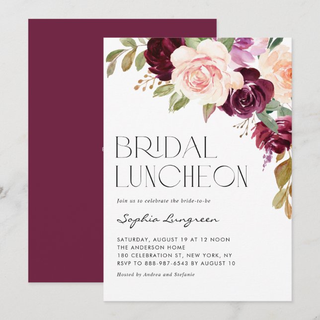 Invitation Boho Burgundy Peach Flowers Automne Déjeuner de nu (Devant / Derrière)